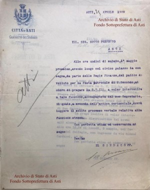 Archivio di Stato di Asti - Fondo Sottoprefettura di Asti - Invito del Sindaco al Sottoprefetto cerimoniale San Secondo