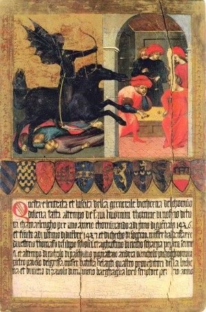 Allegoria della Peste Nera (Biccherna senese, opera tratta da Giovanni di Paolo, Siena, XV sec., tecnica: tempera e oro – Berlino, Kunstgewerbemuseum, Staatliche Museen, nr. K 9224)
