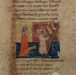 Dante Alighieri, &quot;Divina Commedia&quot;, &quot;Paradiso&quot;, XXII, 40-154 / Paradiso, XXIII, 1-63. Particolare del documento membranaceo, mm 340 x 235, XIV secolo. AS Ge, &quot;Pergamene dantesche&quot;, XII. Bibliografia: L. Valle, &quot;Frammenti di codici della Divina Commedia nell’archivio notarile di Chiavari&quot;, in &quot;Dante e la Liguria&quot;, Milano 1925, pp. 253-260.